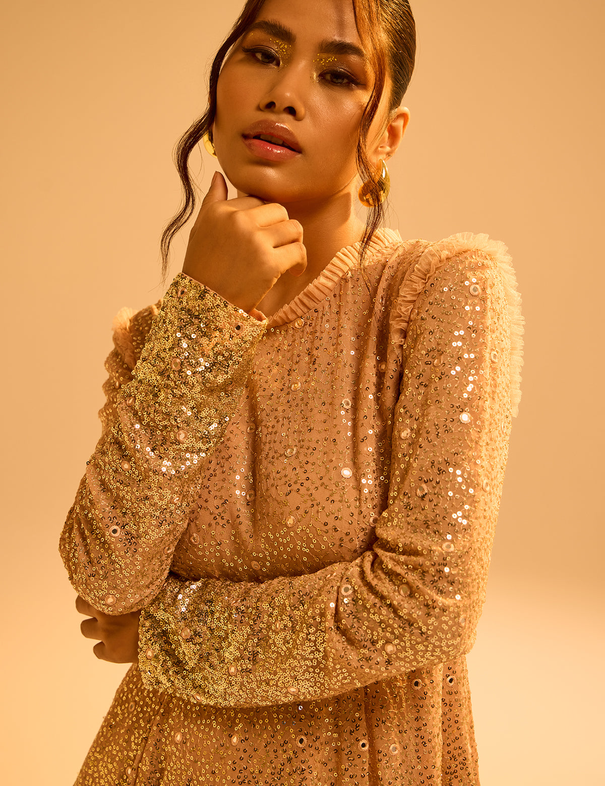 Blush Nude Gatsby Glimmer Dress with mirror work, view 3 – Aina Karée