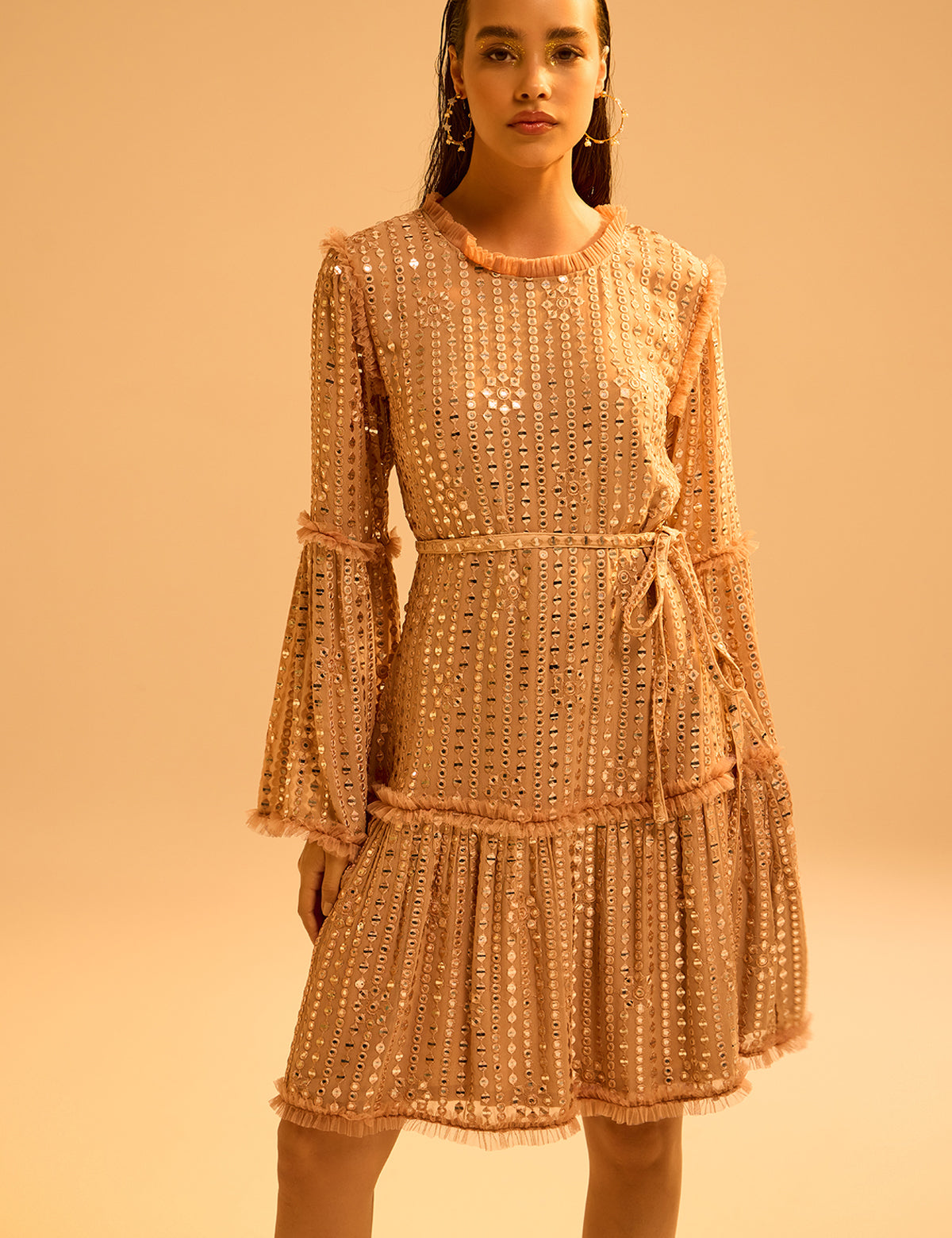 Nude Dori Belt Dress with mirror work, view 2 – Aina Karée