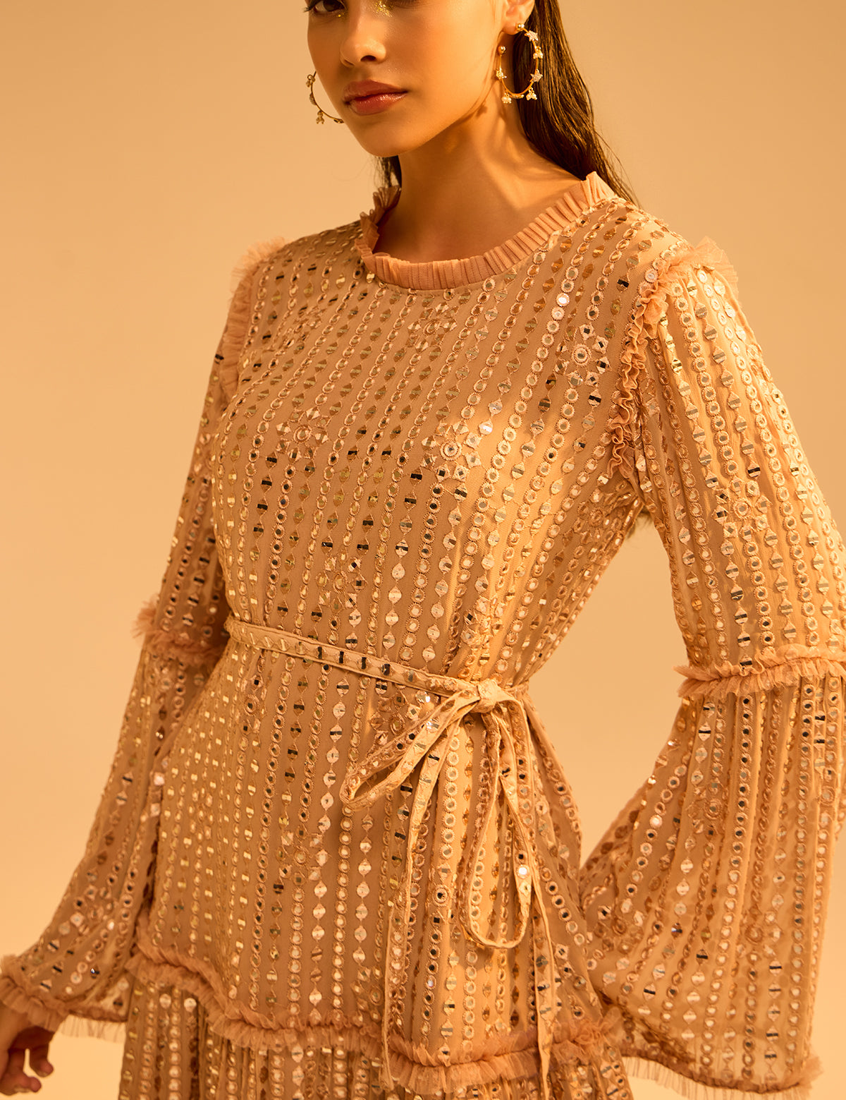 Nude Dori Belt Dress with mirror work, view 3 – Aina Karée