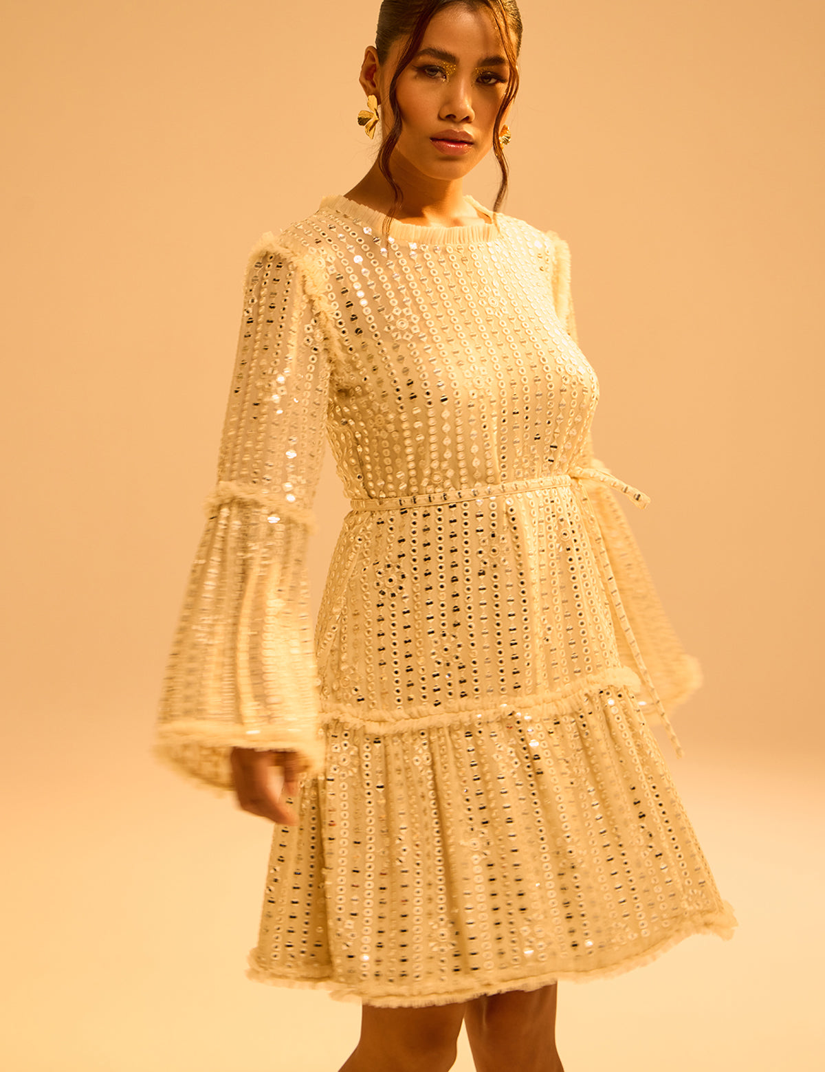 Champagne Dori Belt Dress with mirror work, view 2 – Aina Karée