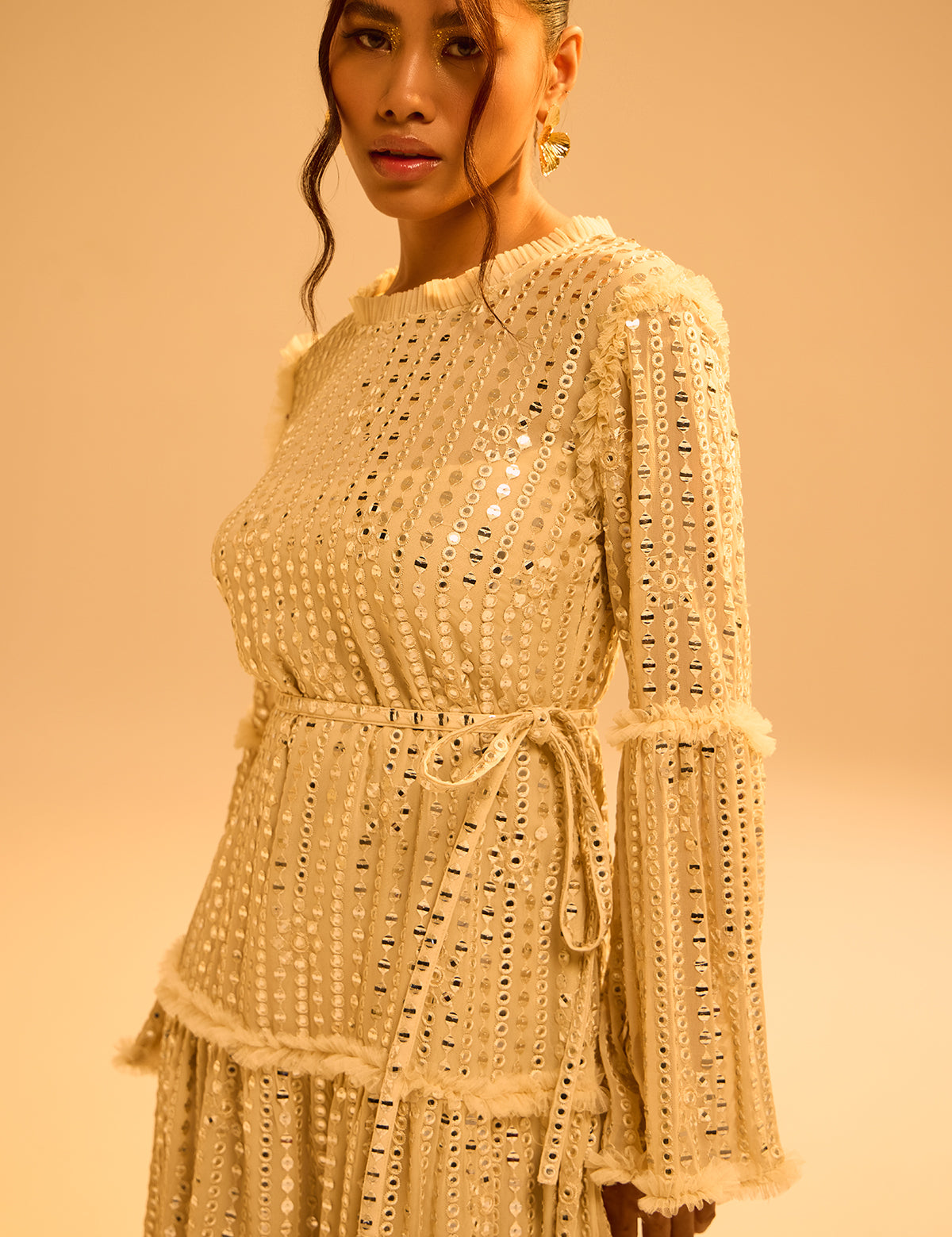 Champagne Dori Belt Dress with mirror work, view 3 – Aina Karée