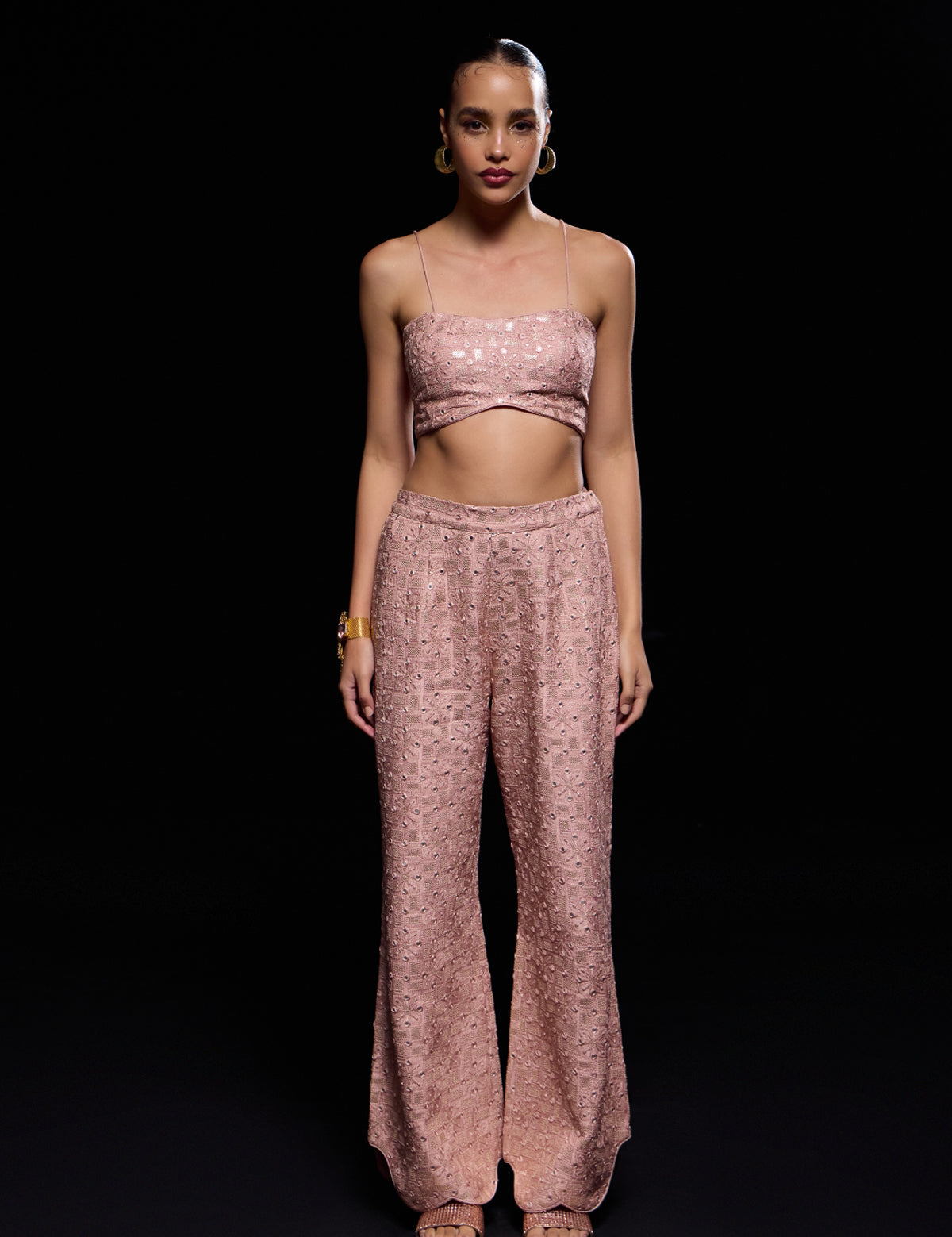 Nude-ish Pink Scalloped Bralette with mirror work – Aina Karée