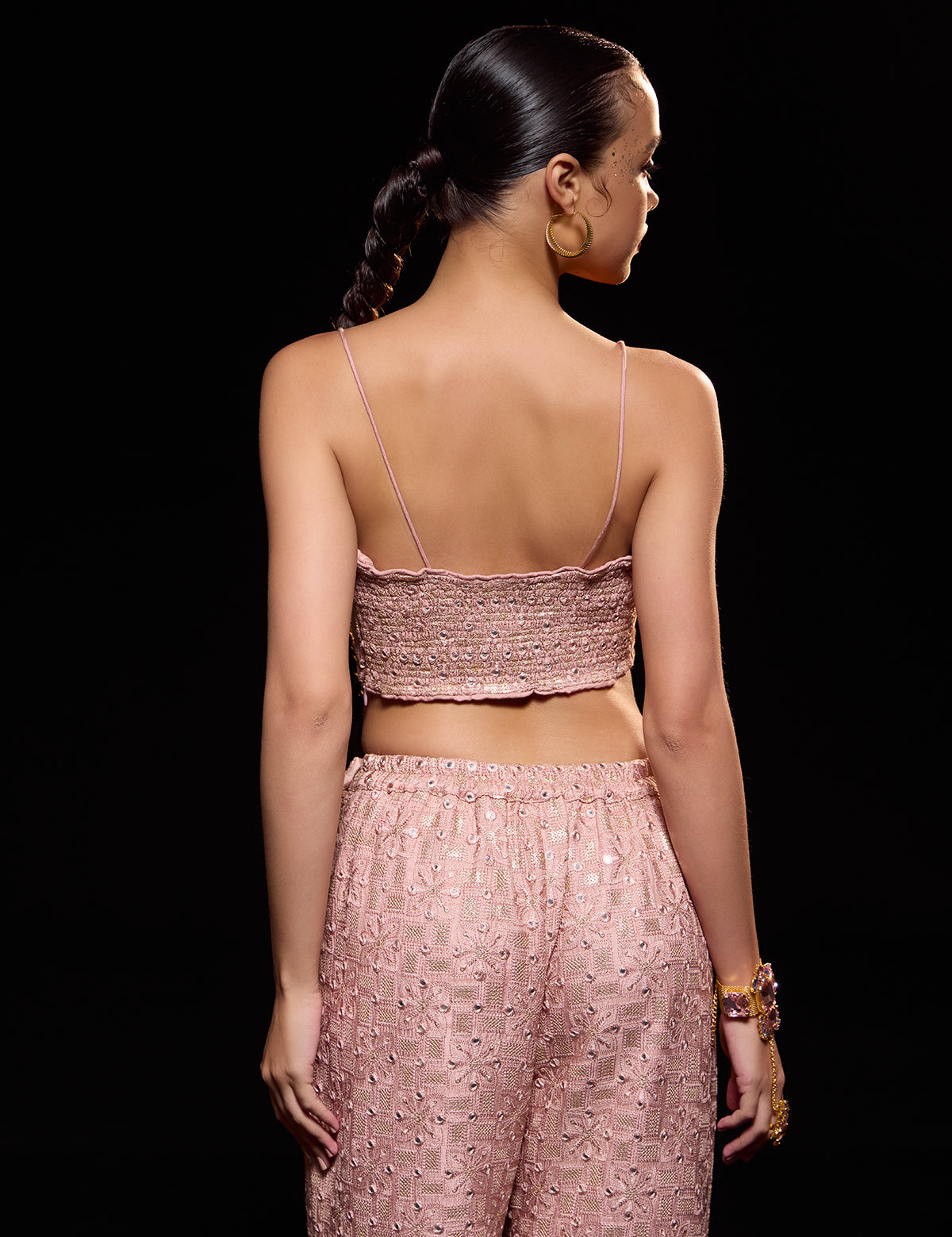 Nude-ish Pink Scalloped Pants with mirror work, view 3 – Aina Karée
