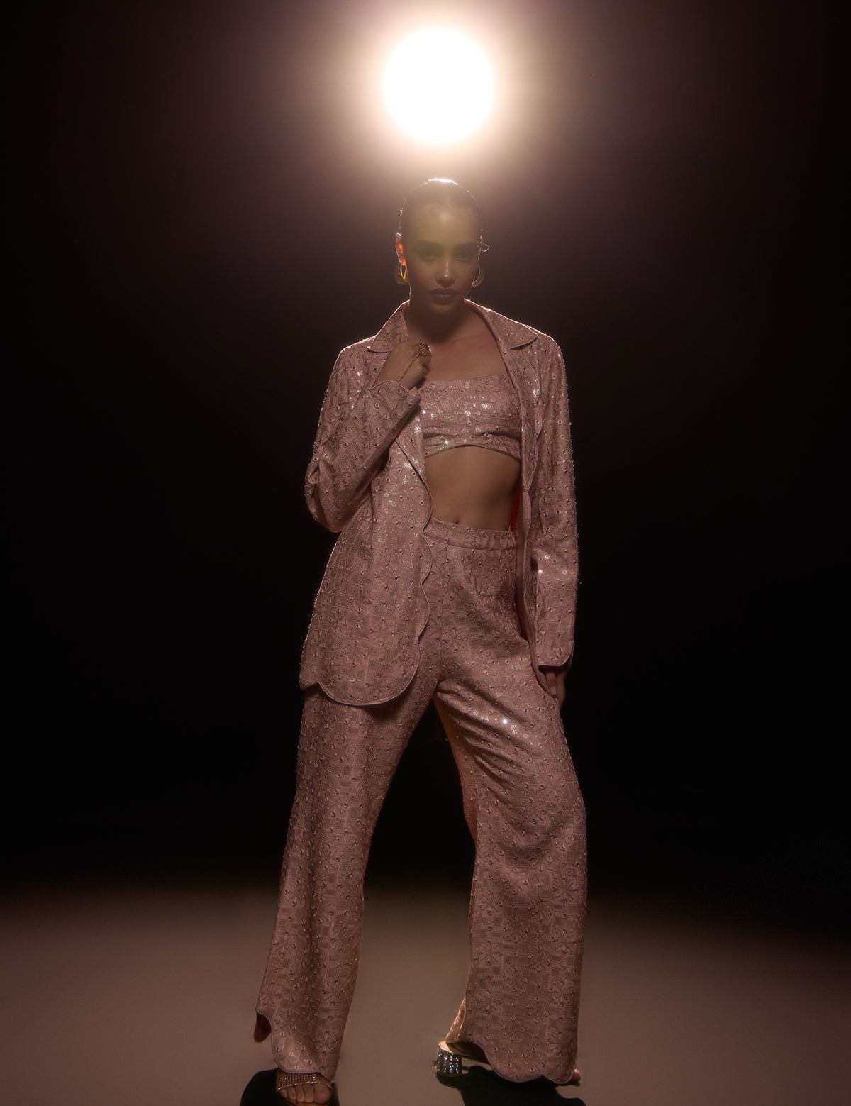 Nude-ish Pink Scalloped Pants with mirror work, view 4 – Aina Karée