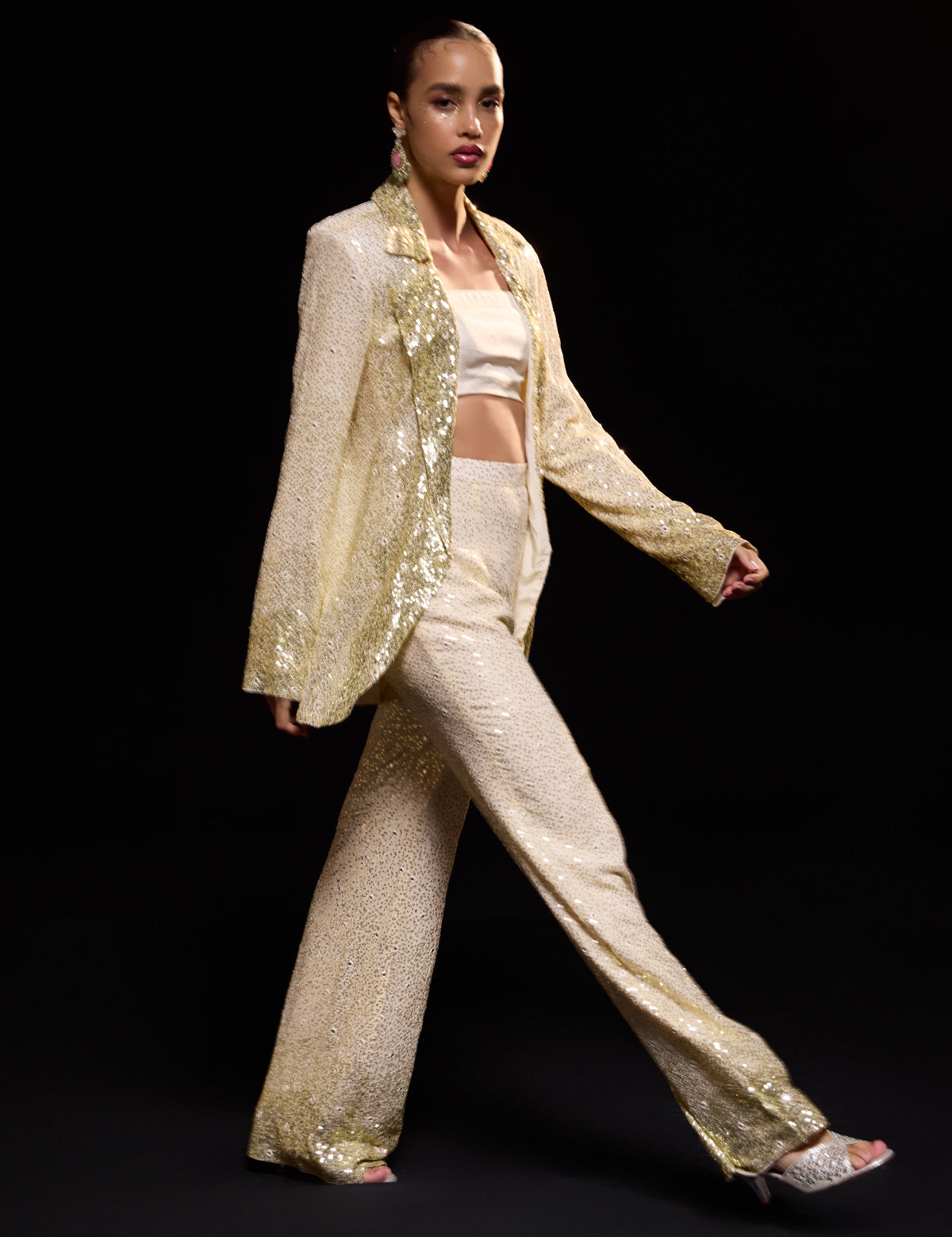 Ivory 90s Blazer Pant Set with mirror work, view 4 – Aina Karée
