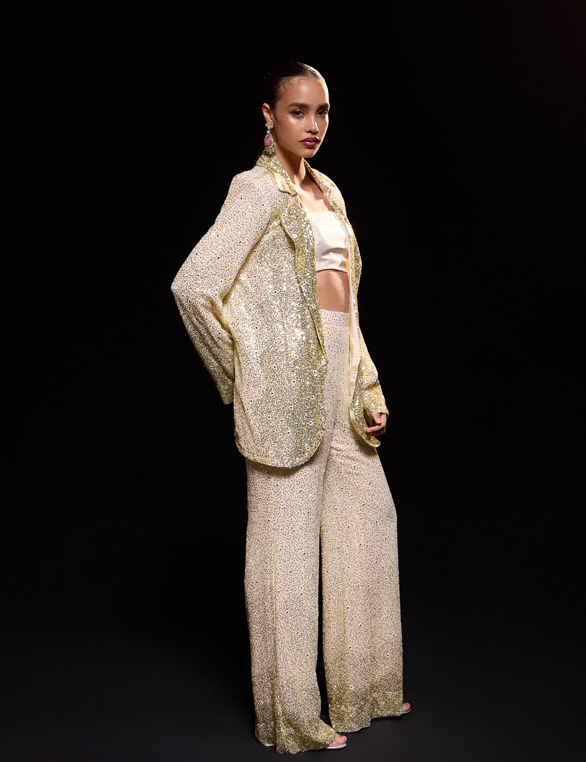 Ivory 90s Blazer Pant Set with mirror work, view 5 – Aina Karée