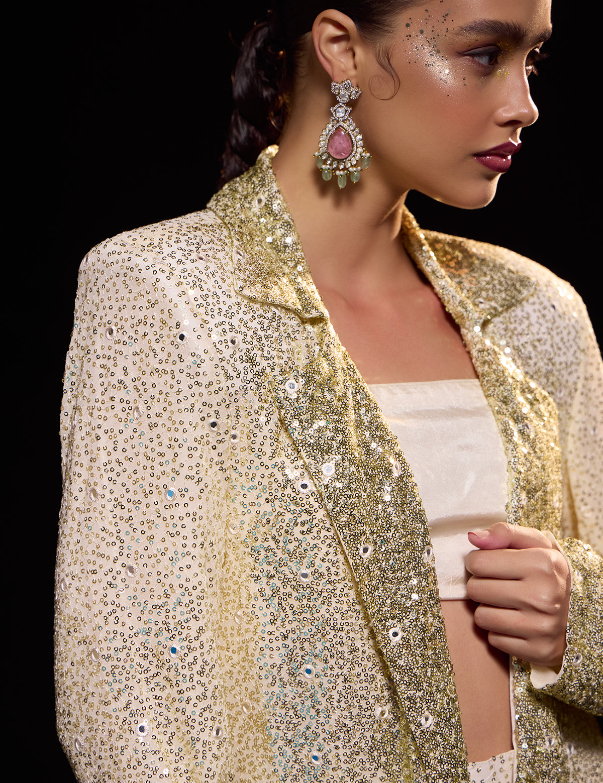 Ivory 90s Blazer Pant Set with mirror work, view 3 – Aina Karée