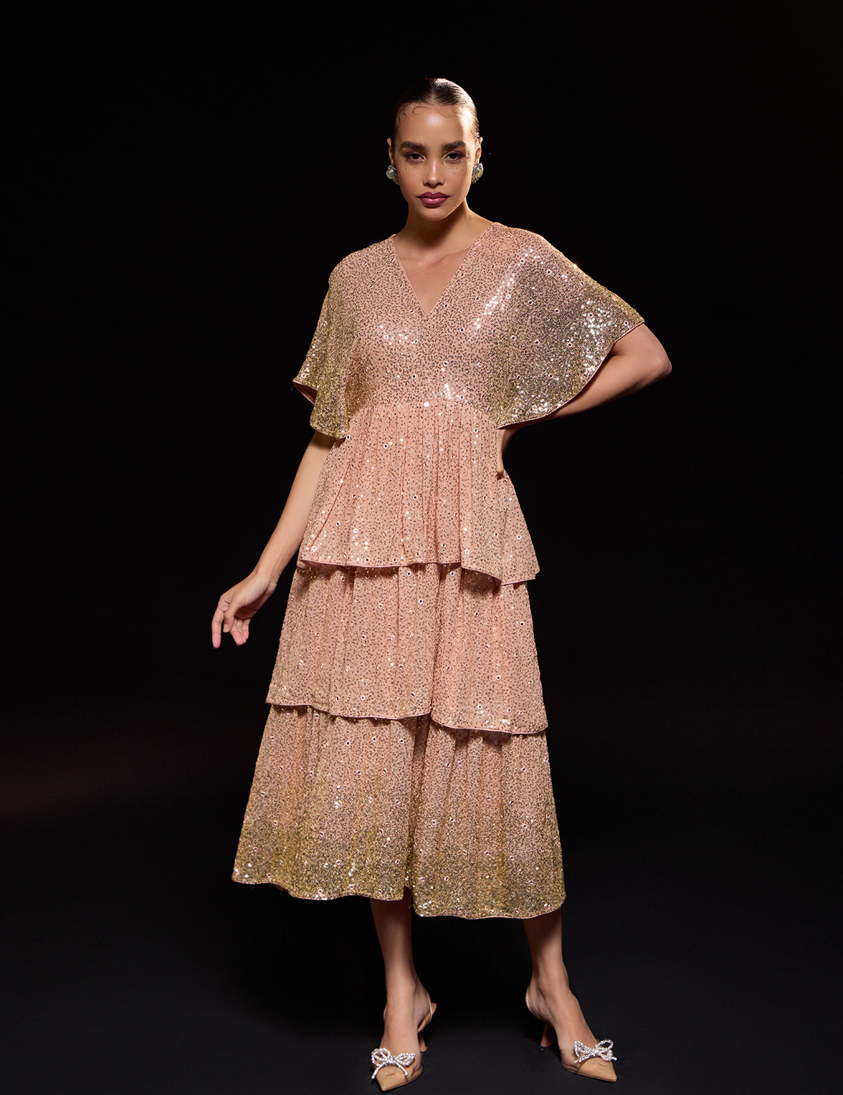 Blush Nude 3 Tier Ombre Dress with mirror work, view 2 – Aina Karée