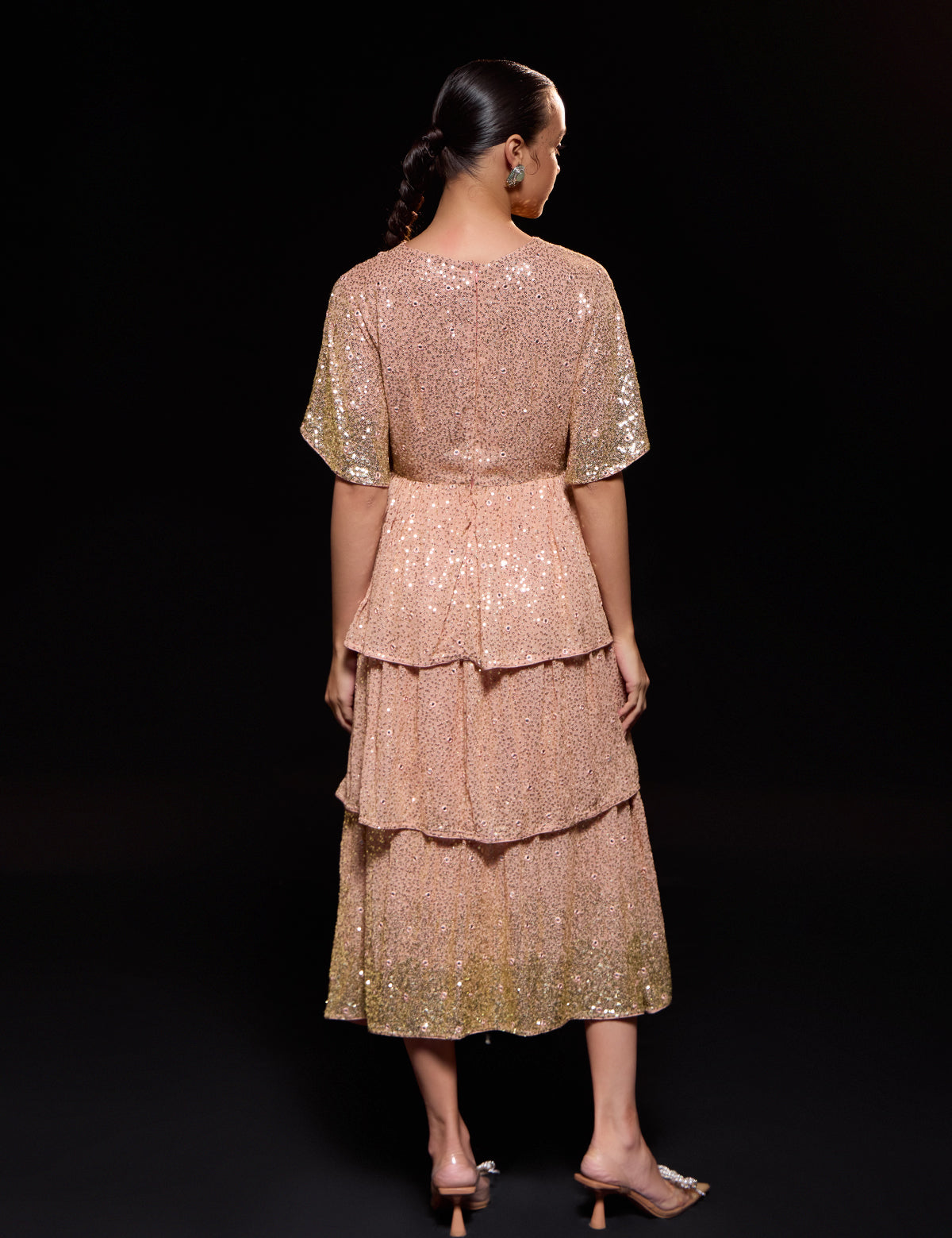 Blush Nude 3 Tier Ombre Dress with mirror work, view 4 – Aina Karée
