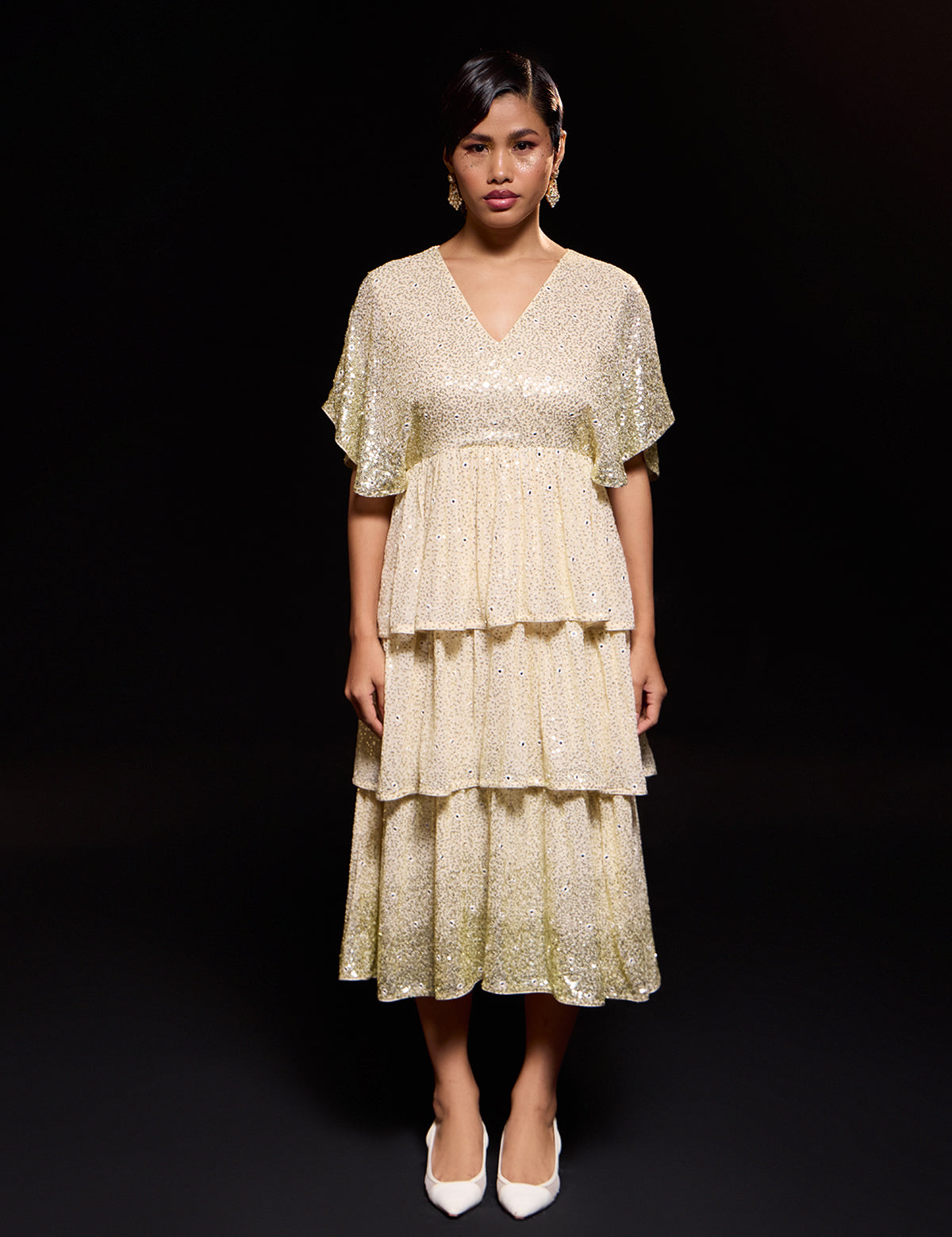 Ivory 3 Tier Ombre Dress with mirror work – Aina Karée