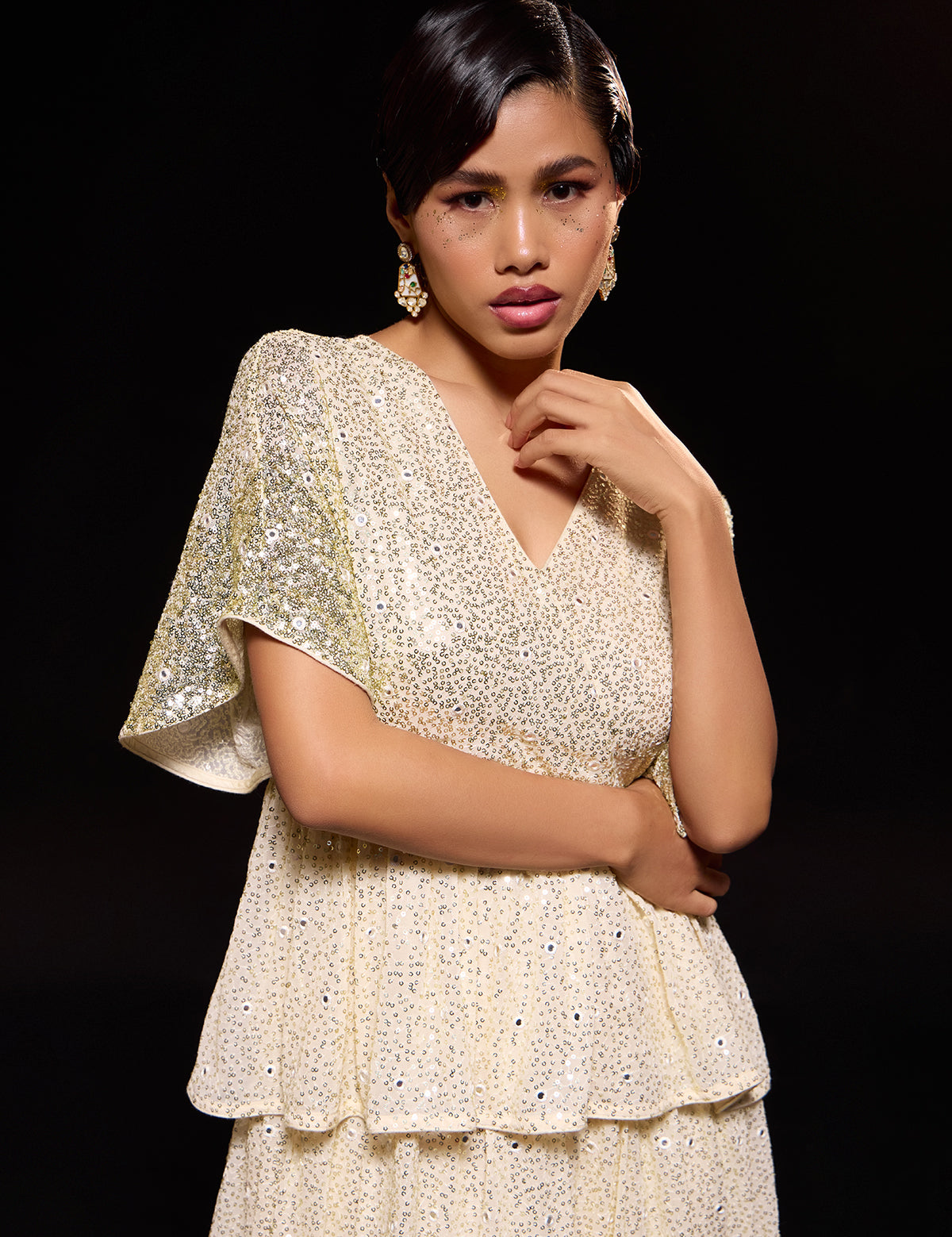 Ivory 3 Tier Ombre Dress with mirror work, view 2 – Aina Karée