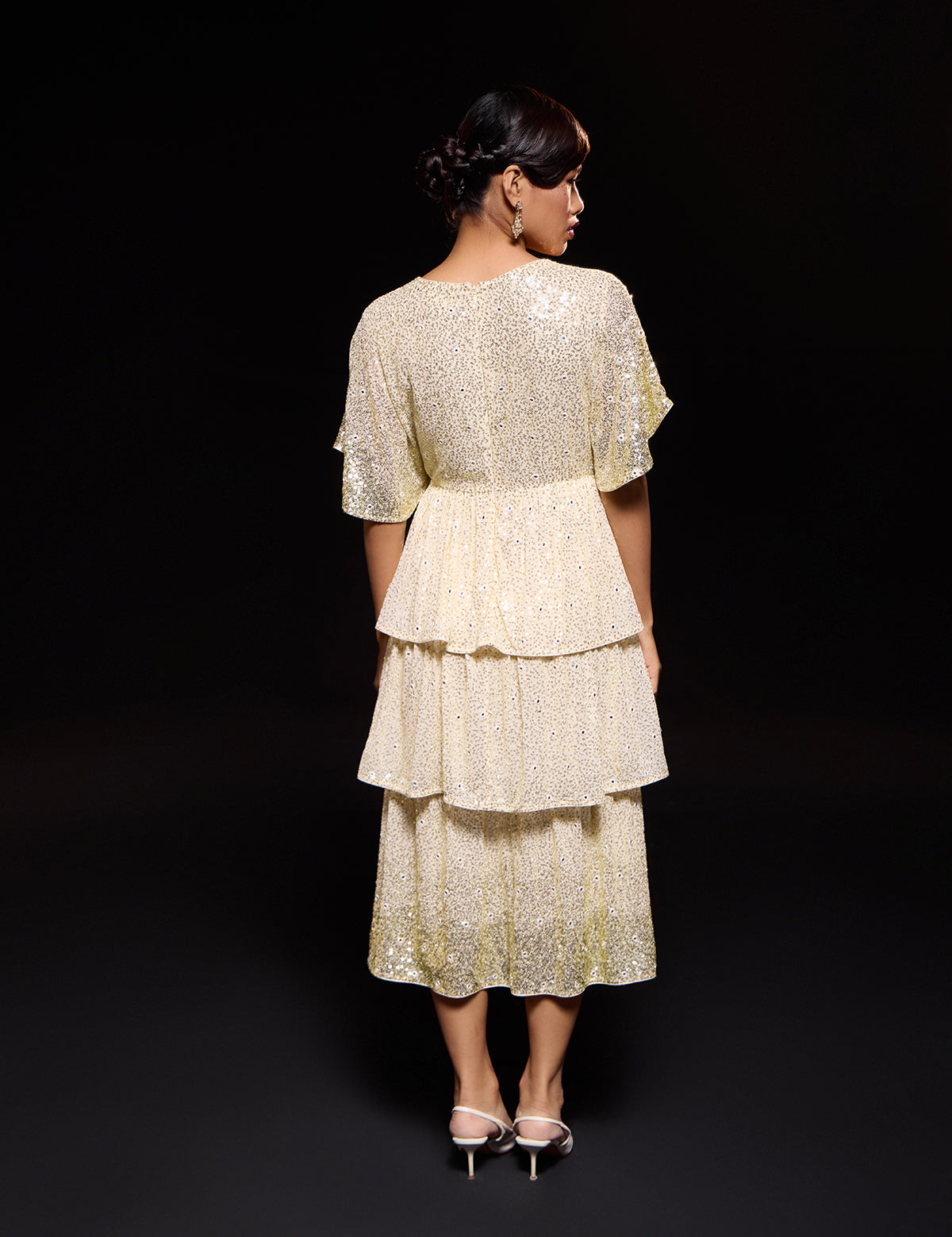 Ivory 3 Tier Ombre Dress with mirror work, view 4 – Aina Karée