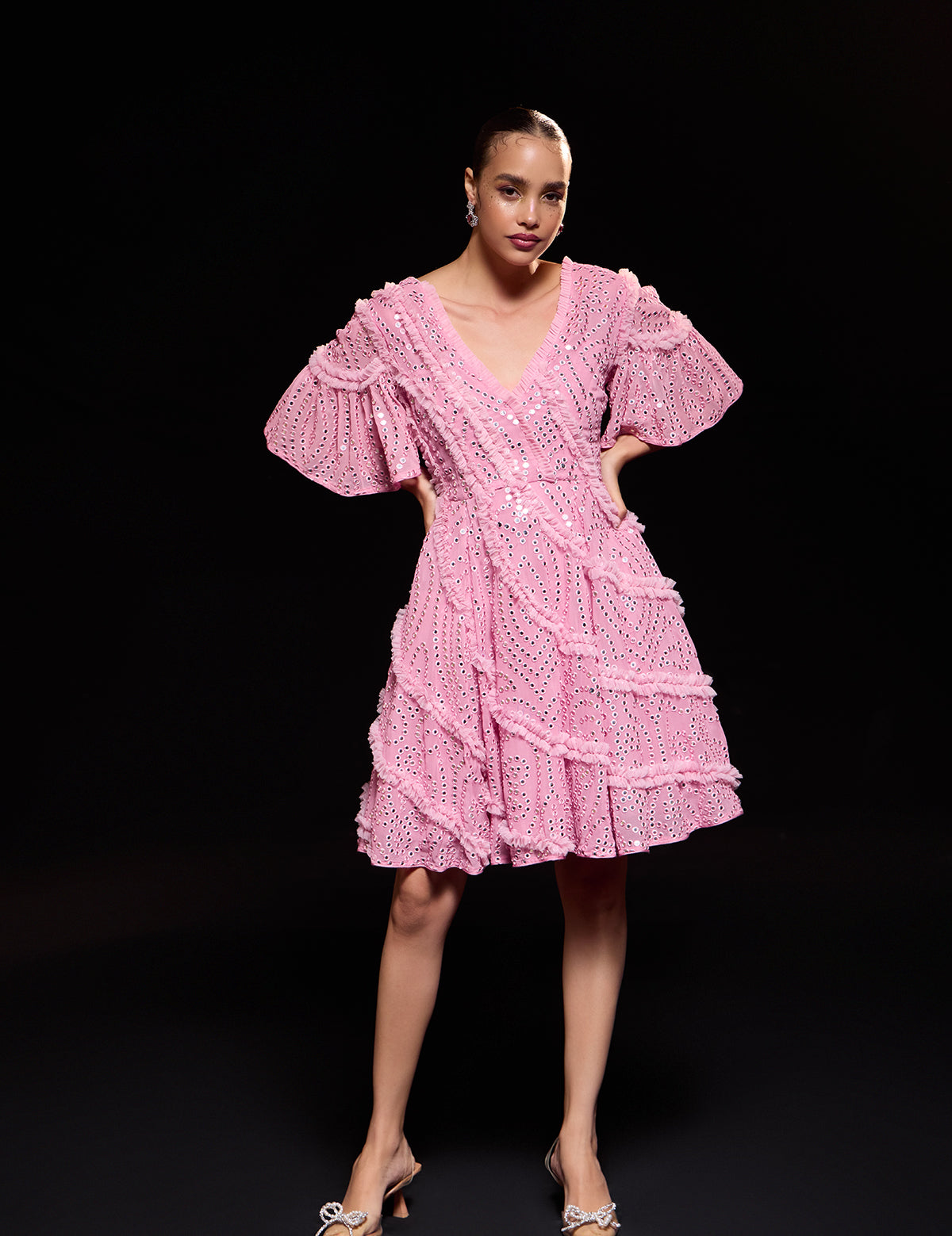 Light Pink Fairy Dress with mirror work, view 2 – Aina Karée