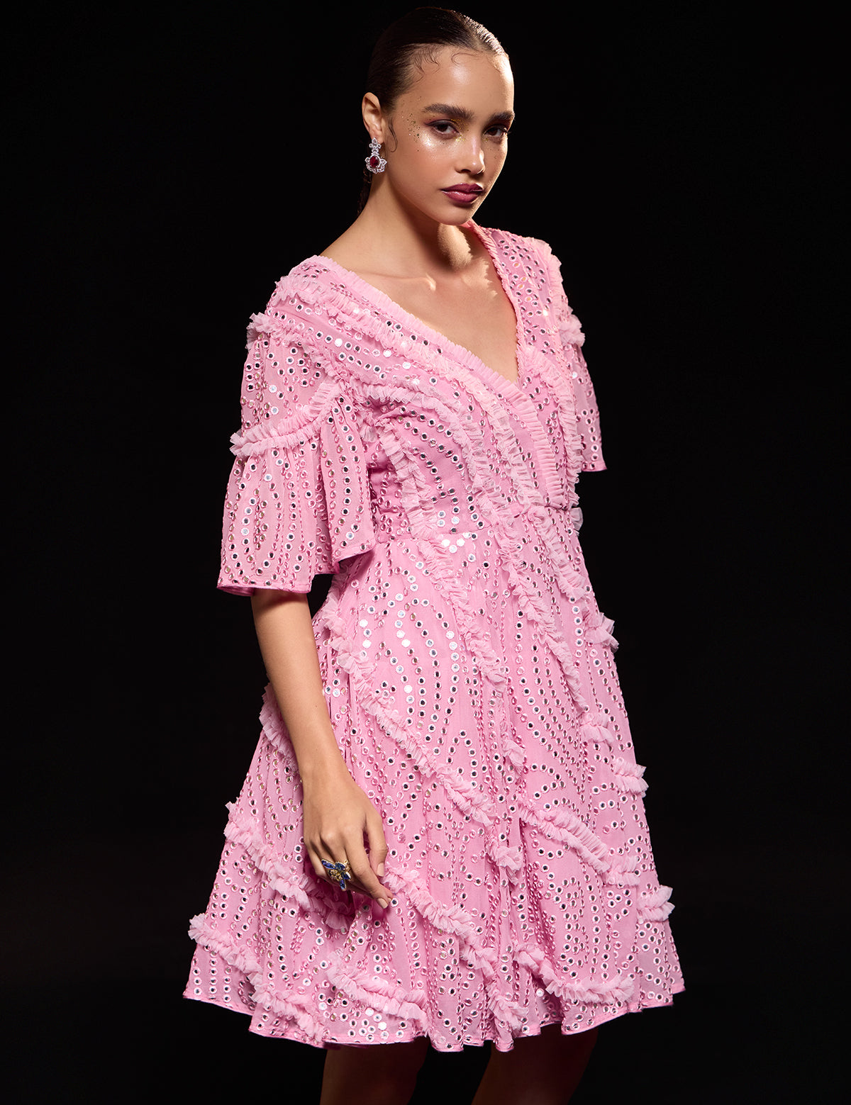 Light Pink Fairy Dress with mirror work, view 3 – Aina Karée