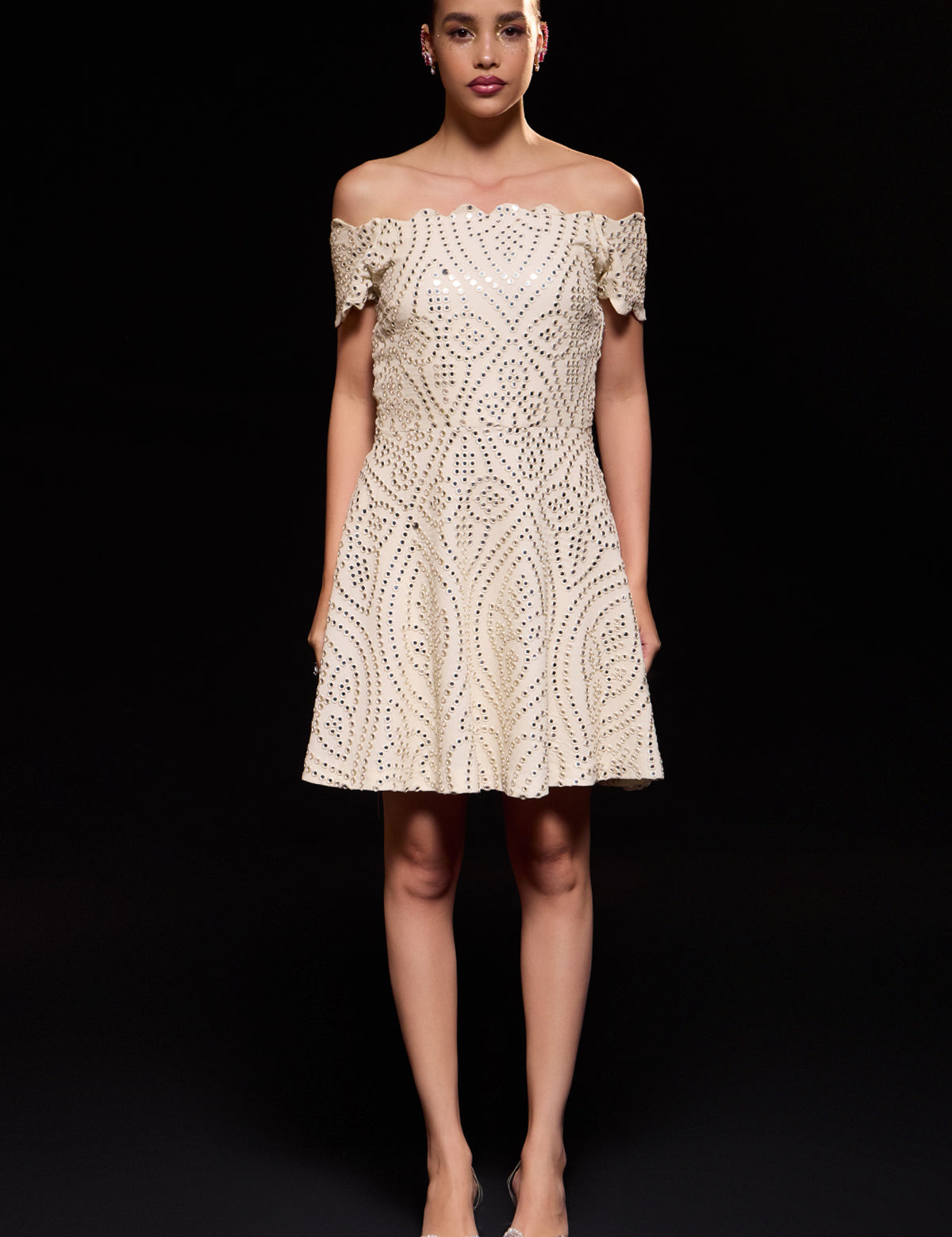 Ivory Mini Skater Dress with mirror work – Aina Karée