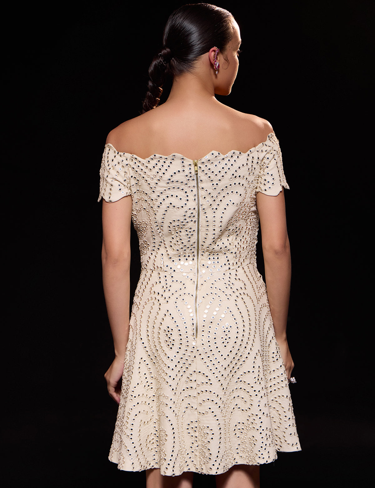 Ivory Mini Skater Dress with mirror work, view 4 – Aina Karée
