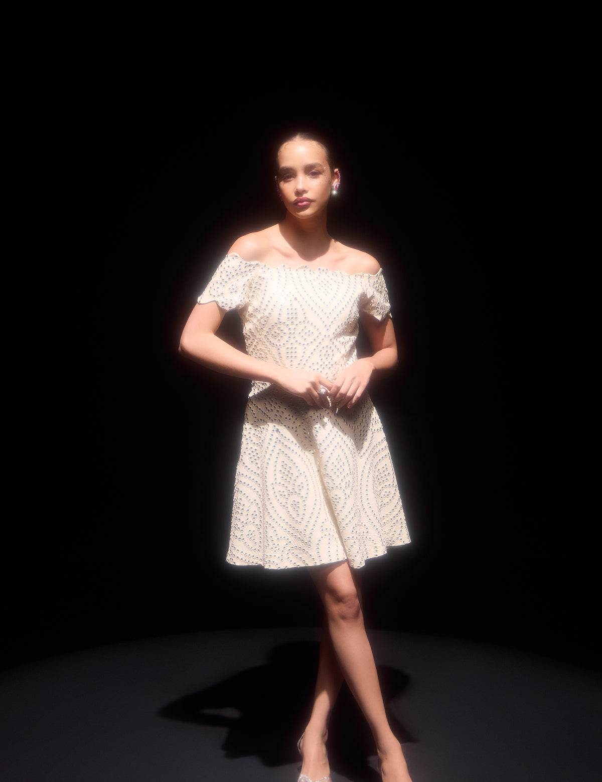 Ivory Mini Skater Dress with mirror work, view 5 – Aina Karée