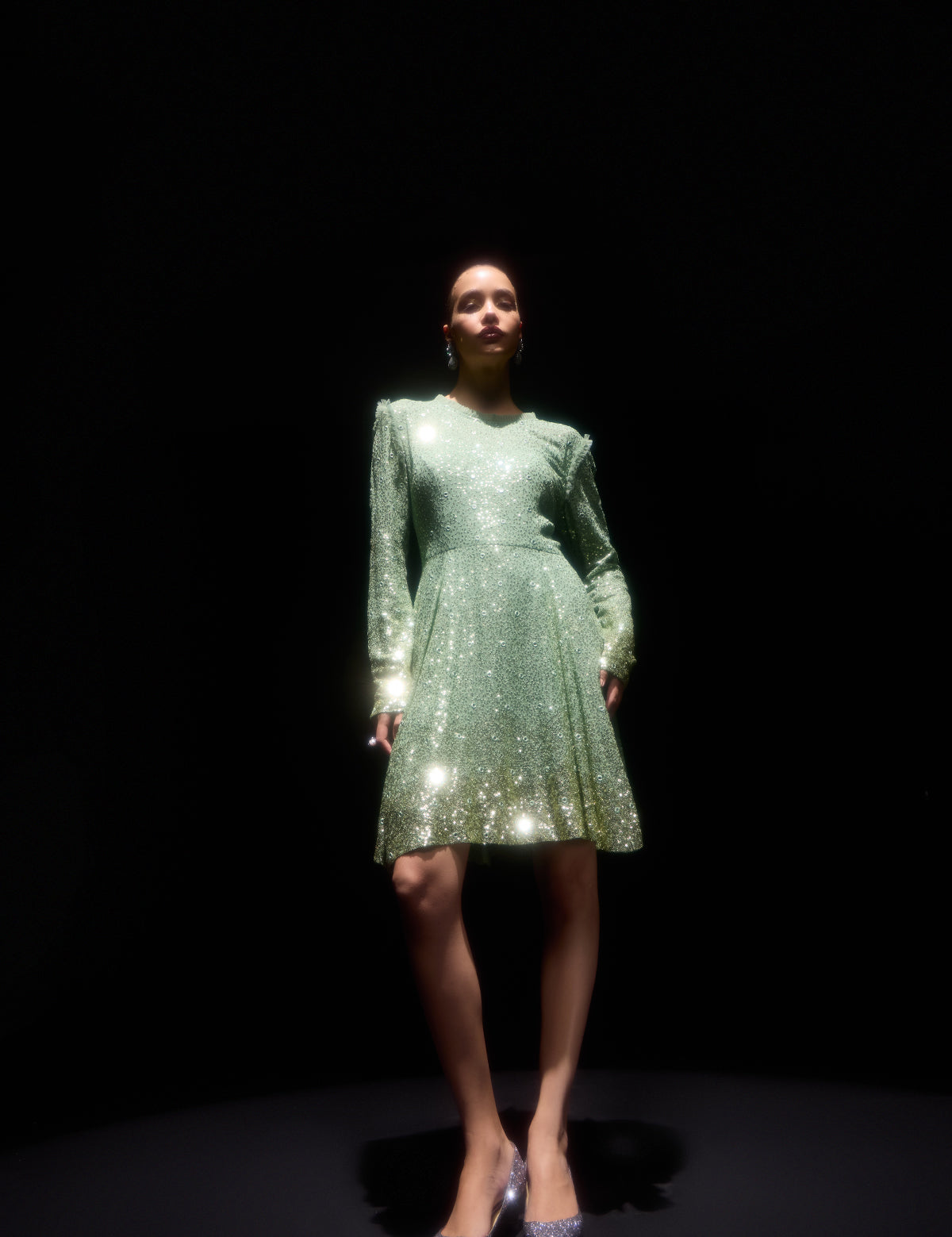Sea Green Gatsby Glimmer Dress with mirror work, view 5 – Aina Karée
