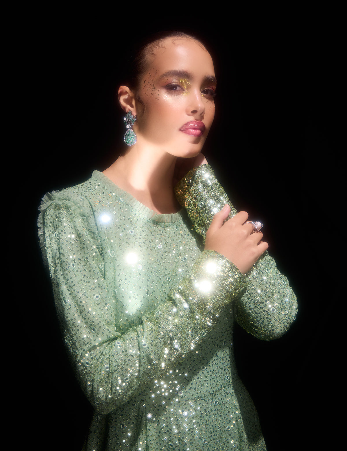 Sea Green Gatsby Glimmer Dress with mirror work, view 3 – Aina Karée
