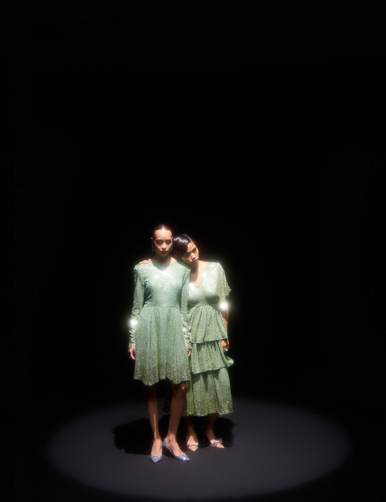 Sea Green 3 Tier Ombre Dress with mirror work, view 5 – Aina Karée