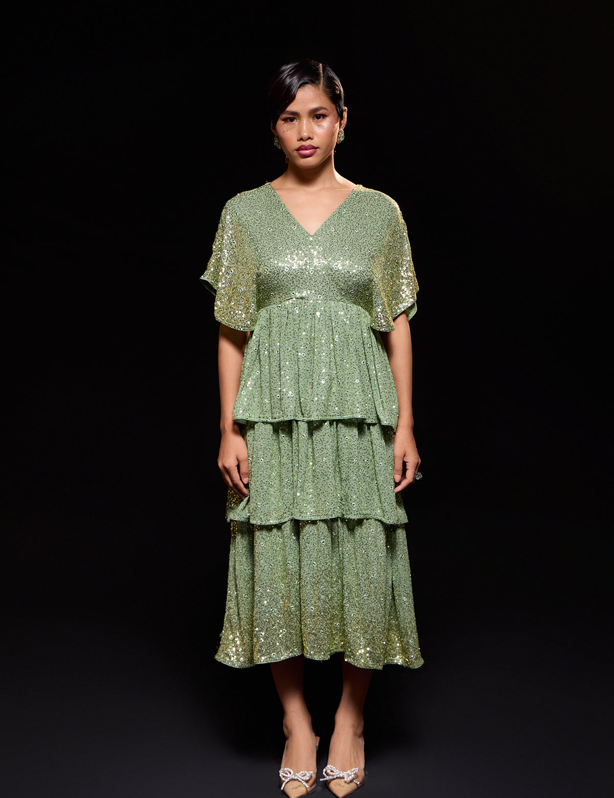 Sea Green 3 Tier Ombre Dress with mirror work – Aina Karée