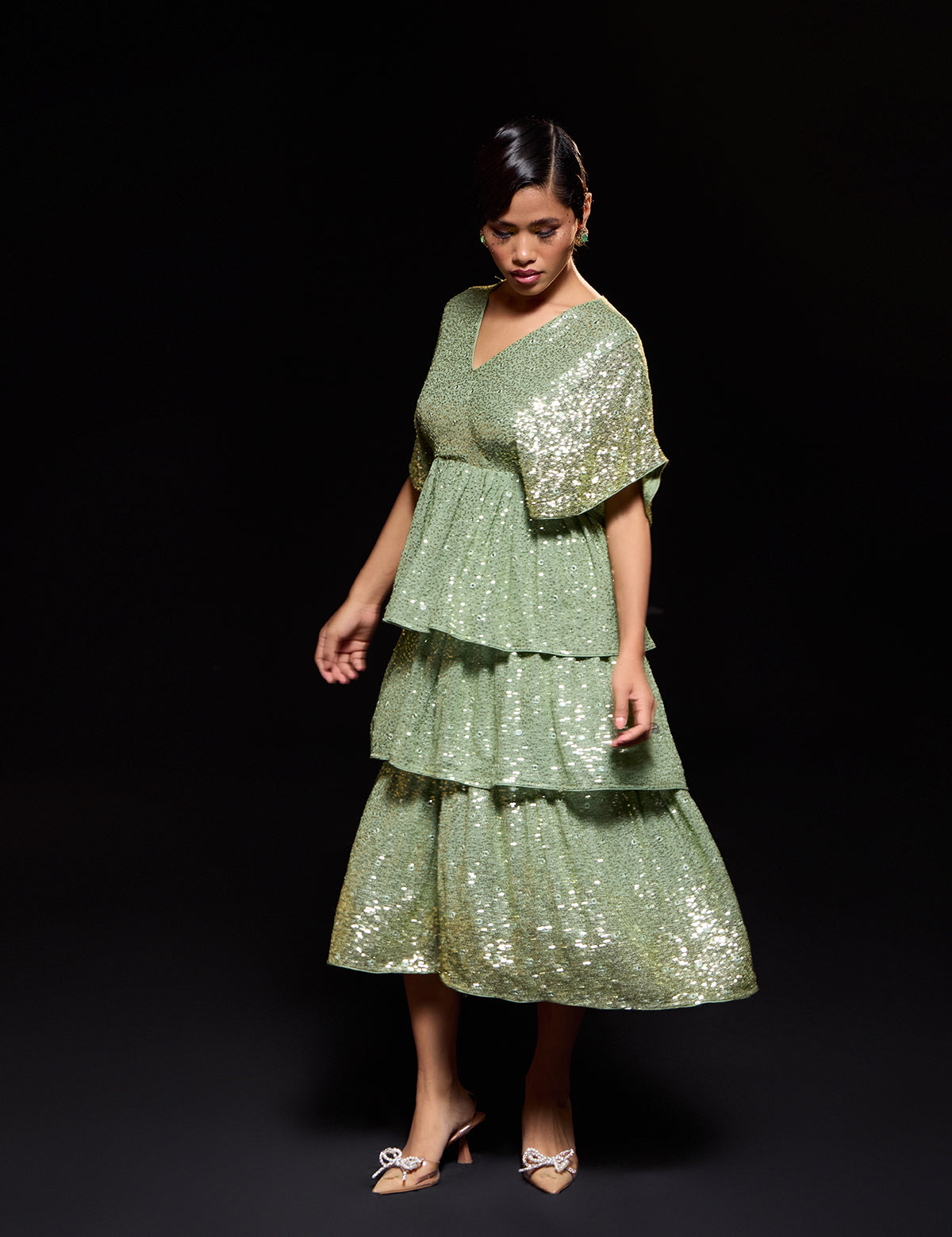 Sea Green 3 Tier Ombre Dress with mirror work, view 3 – Aina Karée