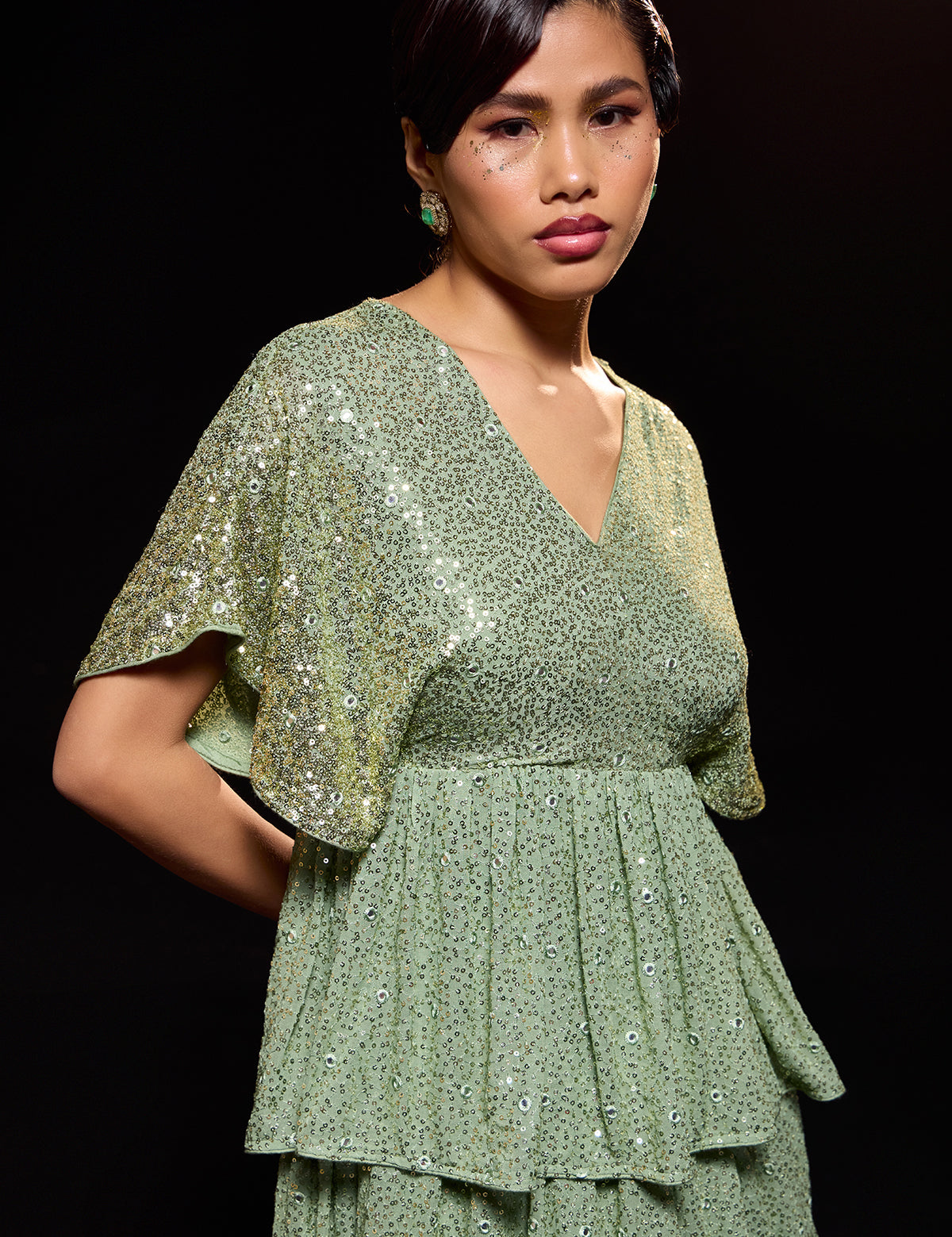 Sea Green 3 Tier Ombre Dress with mirror work, view 2 – Aina Karée