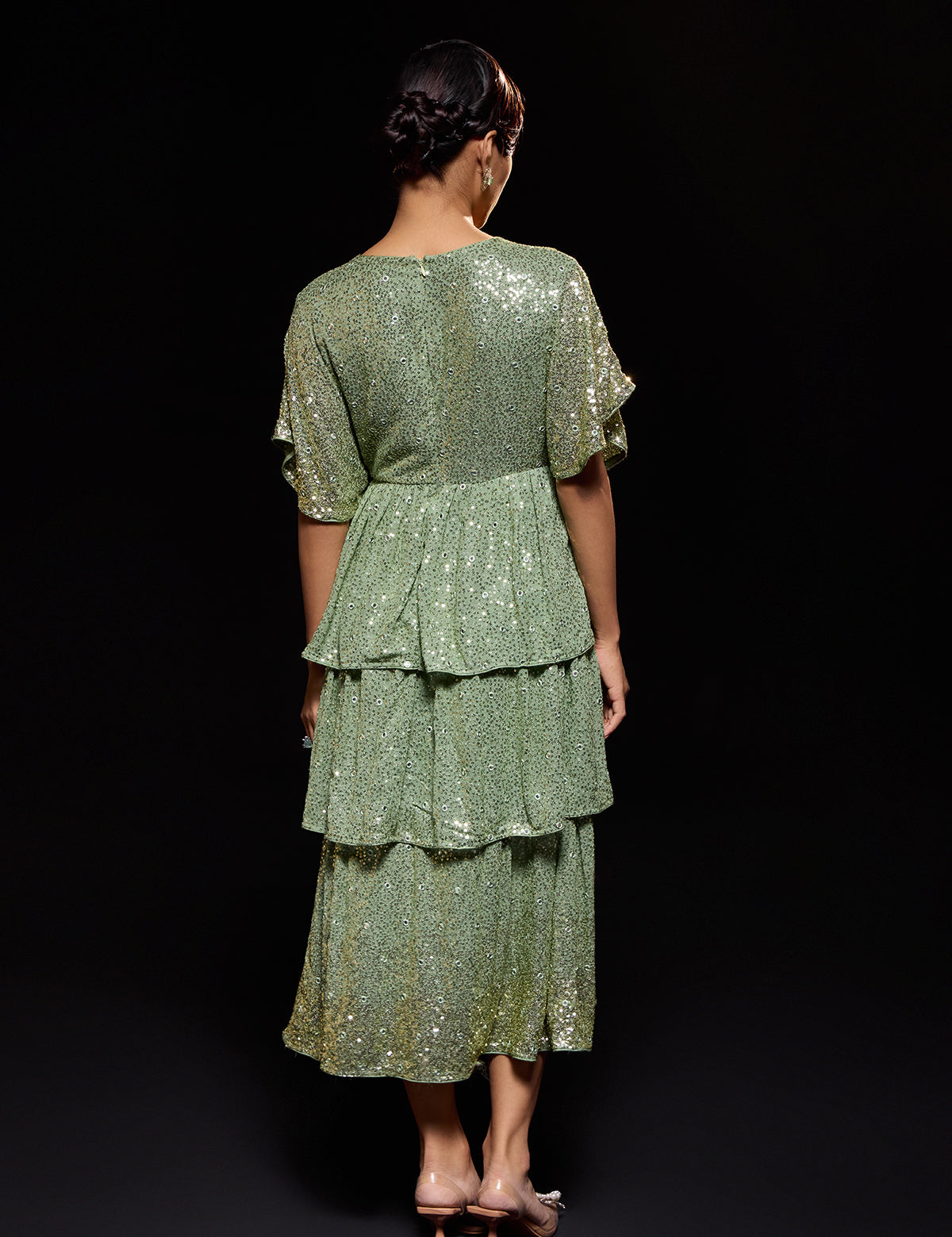 Sea Green 3 Tier Ombre Dress with mirror work, view 4 – Aina Karée