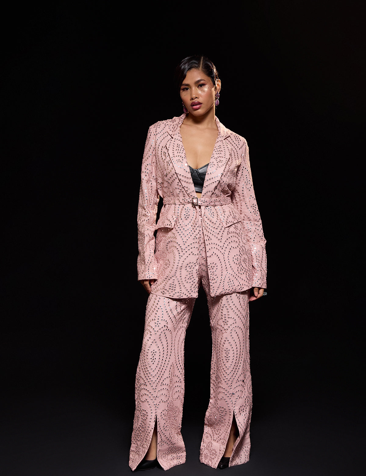 Blush Pink London Blazer Pant Set with mirror work, view 2 – Aina Karée